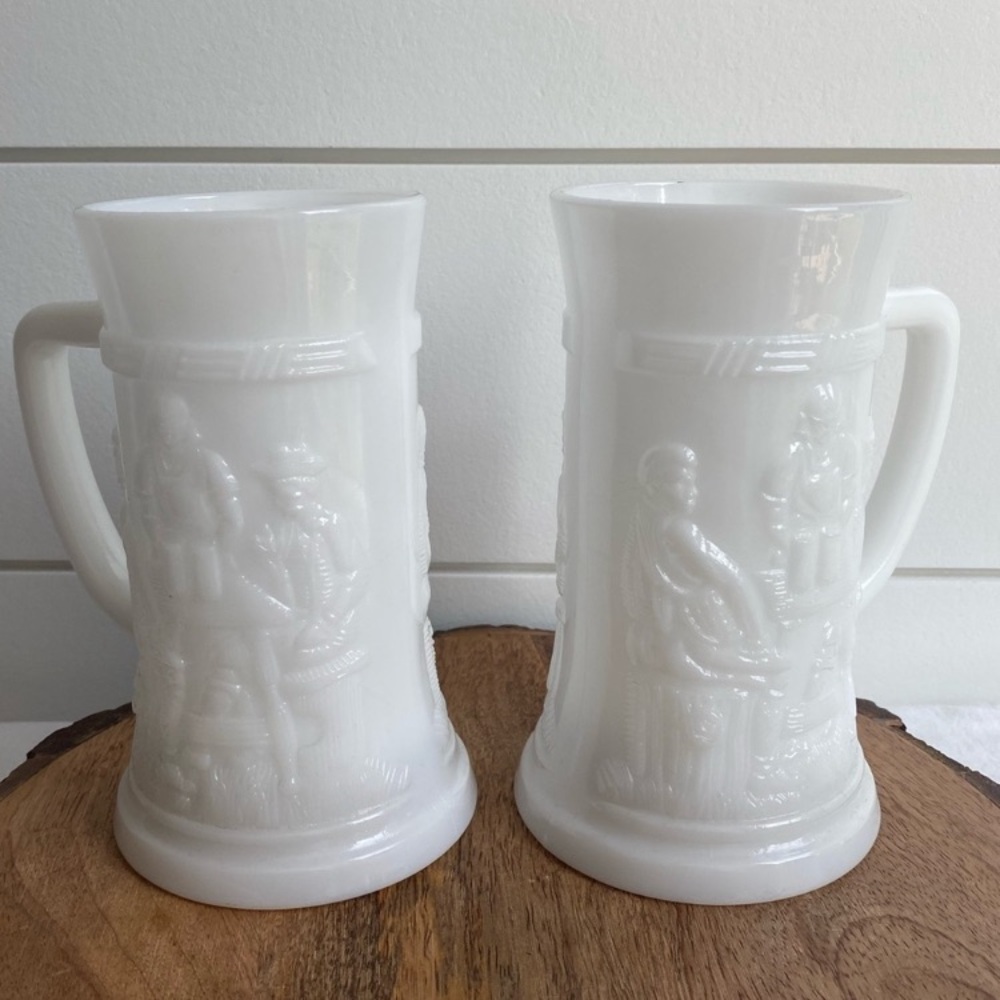 2 Federal Milk Glass Opaque Embossed Beer Steins Mugs Tavern Scene Vintage